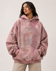 Sudadera con Capucha Oversize Rosa con Lavado Ácido y Estampado de Mariposas con Pedrería, Unisex, Ajuste Regular, Algodón French Terry, Ropa Urbana de Otoño - Product Image 4