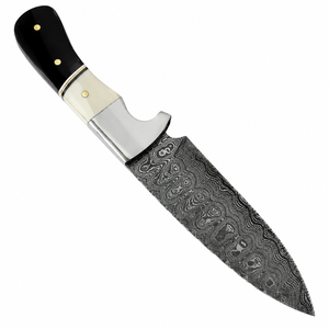 Couteau de chasse à motif Damas, manche en ivoire noir, garde-âme argenté, lame grise, broches dorées, lame fixe, outil utilitaire pour le camping en extérieur - Product Image 4