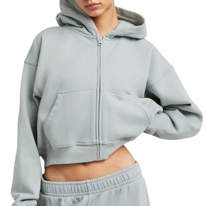 El más nuevo estilo Plain Drop Shoulder Hoodie Mujeres Casual Fit Cotton Fleece Crop Top Zipper up Hoodie 2026 - Product Image 3