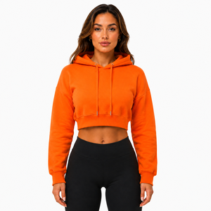 Custom <b>Women's</b> Solid Color <b>Crop</b> Hoodie 100% Cotton Fleece Breathable Loose Fit Drawstring Pullover Hooded Elastic Autumn Knitted - Product Image 1