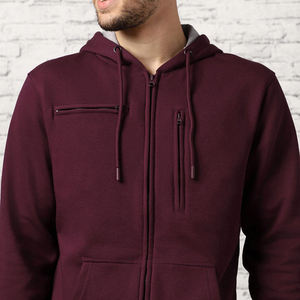 Sweat-shirt à capuche bordeaux personnalisé pour homme avec fermeture éclair, poches poitrine zippées et poignets contrastants – Style décontracté streetwear - Product Image 5