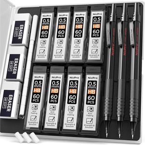 Set di Matite Meccaniche Nicpro 0.5mm con Astuccio, 3 Matite Metalliche per Artisti, 480 Mine HB, 3 Gomme e 9 Ricariche di Gomma Incluse - Product Image 1