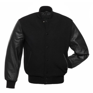 Men Two Tone Varsity Jacket with Beige Leather Sleeves and Black Body Custom College Style Letterman Baseball <b>Coat</b> - Product Image 5