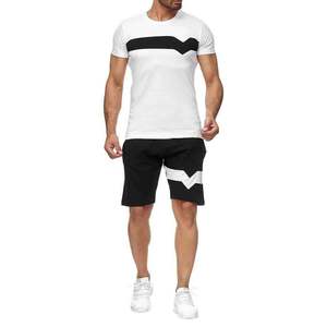 Ensemble T-shirt et short pour homme, bleu clair et blanc, col rond, style décontracté, été, tricoté, respirant, deux pièces - Product Image 2