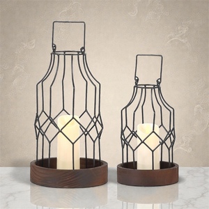 Black Iron Wire <b>Candle</b> <b>Lanterns</b> With Wooden Base Modern Design Home Decoration - Product Image 3