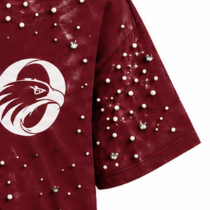 Unisex Burgundy Pearl <b>Studded</b> T <b>Shirt</b> Stylish Round Neck Short Sleeve Pearl Beaded Fashion Top for Everyday Wear and Party - Product Image 5