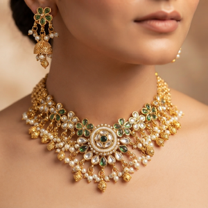 Artificial Gold Plated Ethnic Kundan Choker Necklace Earrings Ring Jewellery Set for Women Anniversary Wear - Product Image 1