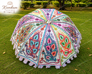 Sombrilla de Jardín Bohemia Hecha a Mano en India, Apertura Manual, Estructura de Metal y Algodón de Alta Calidad, 10 Varillas de Acero Inoxidable - Product Image 1