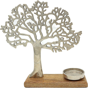 Porte-bougie de Noël en forme d'arbre sur base en bois de manguier, métal argenté pour bougies chauffe-plat, dimensions élégantes, décoration raffinée - Product Image 3
