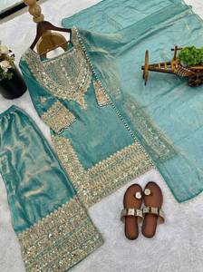 <b>Women's</b> Traditional Silk Ankle-Length <b>Suit</b> Set With Embroidered Top Bottom And Dupatta Pink Green Yellow <b>Teal</b> Colors - Product Image 3