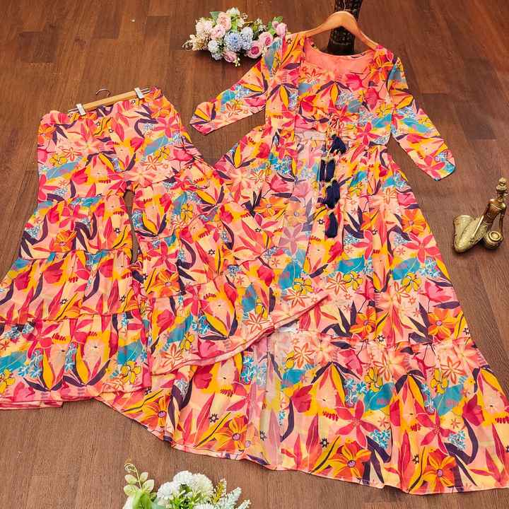 Elegant Fox Georgette Anarkali Gown with Blouse Shrug  3 Layer Plazo  Perfect for Any Gathering or Function