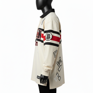 Polo de Rugby Premium para Hombre, Tejido de Algodón Grueso, Color Crema, Panel en el Pecho Negro y Rojo, Logotipo en Tela Tackle Twill, Camiseta de Rugby para Hombre - Product Image 3