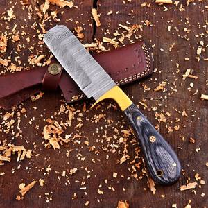 Cuchillo de vaquero forjado a mano de acero de Damasco, cuchilla fija EDC de espiga completa, mango de madera Pakka con funda de cuero, personalizado OEM - Product Image 1