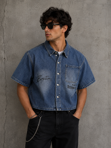 Mens Blue Denim <b>Shirt</b> Indigo Graphic Print Embroidered Short Sleeve Boxy Streetwear Drop Shoulder Button Front - Product Image 1