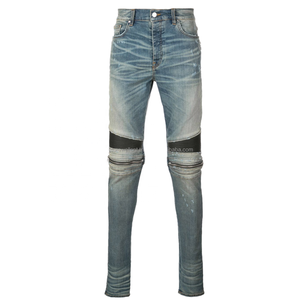 European American High Street Style Polyester/Cotton Patch Zipper Biker Small Foot Slim Fit Stretch Stonewashed <b>Winter</b> Mid <b>Jeans</b> - Product Image 1