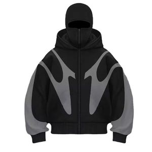 Sweat-shirt à capuche zippé oversize pour homme avec design masque, color block, streetwear, coupe classique, en polyester tricoté, pour l'automne - Product Image 5