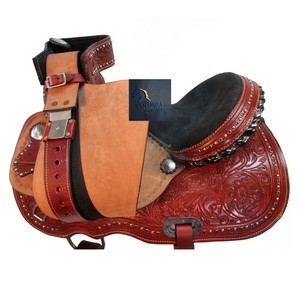 Maroon Tooled Leather Western Barrel Racing Saddle Floral Carving Black Crystal <b>Studded</b> Metal Conchos Seat <b>Plastic</b> 10"-18" Inch - Product Image 2
