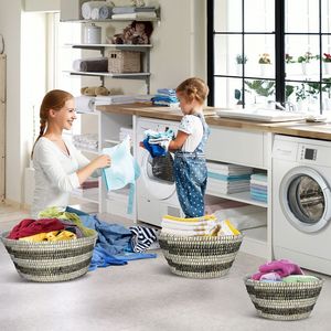 Paniers de rangement en jonc de mer, lot de 3 bacs empilables avec poignées creuses, organisation tressée naturelle pour la maison - Product Image 6