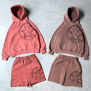 Sudadera con Capucha Oversize Vintage Lavada con Bordado 3D Personalizado y Estampado, de Felpa 100% Algodón de Alto Gramaje, y Conjunto de Shorts de Corte Holgado - Product Image 1