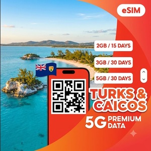 Internet rapide aux Turkes-et-Caïcos, eSIM 2 Go 15 jours, 3 Go/5 Go 30 jours, forfait de données de voyage 4G/5G, code QR, livraison instantanée - Product Image 1