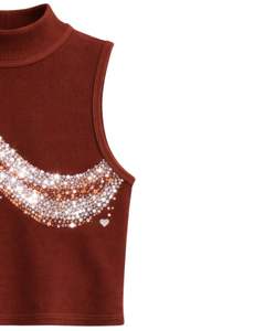 Débardeur côtelé personnalisé pour femme, marron rouille, col montant, avec motif vague en strass, sans manches, été, fabrication sur mesure - Product Image 3