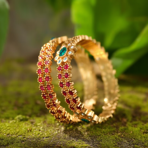 <b>Ruby</b> Floral Matte Charm Bangles-Gold Plated Stainless Steel with Freshwater Pearl & Zircon - Product Image 3
