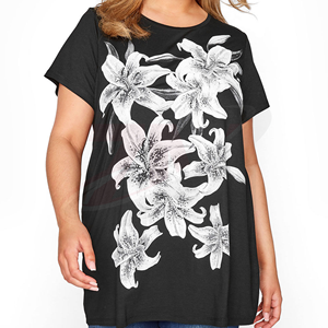 Camiseta de Manga Corta con Cuello Redondo y Estampado Floral Negro para Mujer, Corte Holgado, Informal, Tejida, 100% Algodón, Transpirable, Primavera Verano - Product Image 1