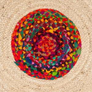 Alfombra Redonda de Yute Hecha a Mano con Flecos Coloridos, Estilo Bohemio para Sala de Estar, Decoración Mexicana de Pelo Corto - Product Image 4