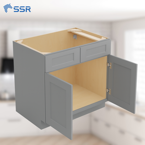 Armoire de cuisine moderne SSR Gray Shaker Base Cabinet à 2 tiroirs et 2 portes avec panneau en PVC et structure en contreplaqué - Product Image 1