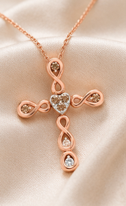 925 Sterling Silver Rose <b>Gold</b> Plated <b>Infinity</b> Cross Pendant <b>Necklace</b> with Heart Detail & Cubic Zirconia | Religious Jewelry - Product Image 5