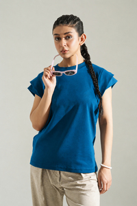 T-shirt tricoté à manches courtes pour femme, couleur unie, col rond, décontracté, printemps-été, coupe régulière, bleu - Product Image 2