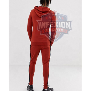 Survêtement à capuche rouge pour homme, manches longues, couleur unie, style sportif avec bandes latérales blanches, fermeture à cordon, coupe classique - Product Image 3