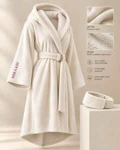 Albornoz de lujo con capucha, de tela de rizo, exterior de viscosa suave, interior 100% algodón, con logotipo personalizado, manga larga, tipo bata con banda para la cabeza. - Product Image 1