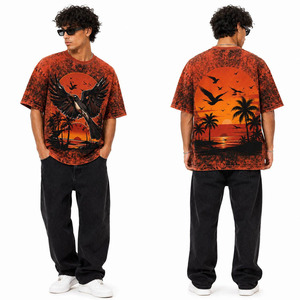Camiseta Oversize Personalizada para Hombre con Lavado Ácido, Estilo Vintage, Tinte Naranja Quemado y Negro Mármol, Efecto Desgastado, con Gráfico de Pájaro en Atardecer Tropical - Product Image 4