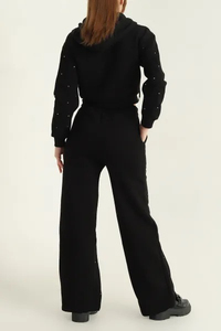 Women's Black Hooded Crop <b>Top</b> Tracksuit Set Rhinestone Detail Full Sleeve Zipper Casual Sportswear Solid Color Winter Quick Dry - Product Image 3