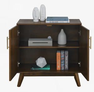Armoire de rangement contemporaine en bois de noyer foncé à 2 portes, armoire à chaussures nordique pour entrée avec poignées dorées pour salon - Product Image 2