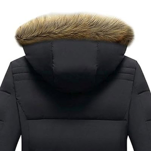Men's Black Hooded Puffer Jacket With <b>Fur</b> <b>Trim</b> Windproof Winter Coat Casual Style Regular Fit Polyester Wadding Zipper Closure - Product Image 2