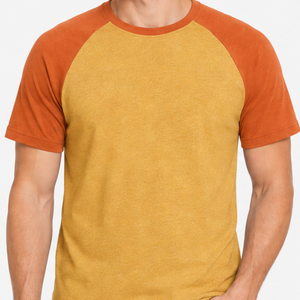 T-shirt Raglan Homme Manches Courtes Col Rond Orange Jaune Moutarde Baseball Bicolore Vierge – Meilleure Vente - Product Image 2