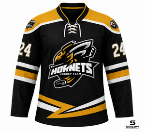 เสื้อฮอกกี้น้ำแข็ง SINEWY สำหรับผู้ชาย Hornets สีดำทอง แบบซับลิเมชั่น คอวี แขนยาว ระบายเหงื่อได้ดี ทรงปกติสำหรับผู้ใหญ่ - Product Image 2