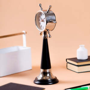 <b>Vintage</b> Nautical Ship Wheel Table <b>Clock</b> with Polished Silver Finish and Black Wooden Pedestal Decorative Maritime Desk <b>Clock</b> - Product Image 3