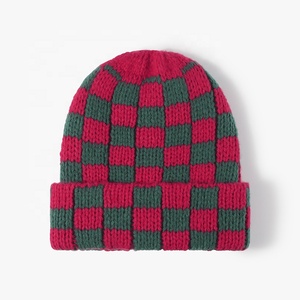 Sombrero de cubo cálido de otoño e invierno para mujer, gorros de pescador a cuadros, gorro de punto acanalado de estilo coreano con puños - Product Image 6