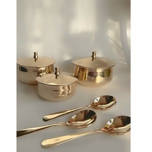 Handcrafted hammered copper cooking <b>pot</b> with polished brass <b>lid</b> and sturdy brass side handles designed for traditional kitchen - Product Image 2