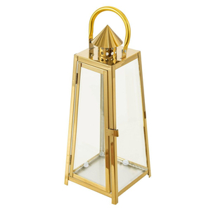 Lanterne à bougie géométrique dorée au design luxueux, porte-bougie moderne en verre côtelé trapézoïdal pour la décoration de table de mariage ou d'événement - Product Image 4