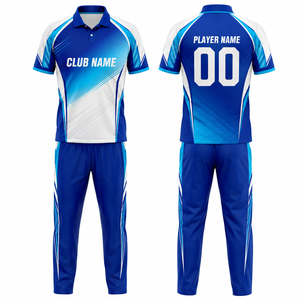 Custom Sublimation Print <b>Cricket</b> Uniform Unisex 100% Polyester Team Kit Blue <b>White</b> Breathable Seamless Fusing Needle Detection - Product Image 1