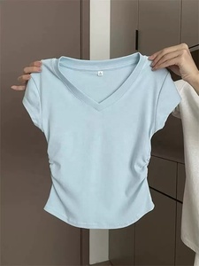 Wholesale Women Slim Fit <b>V</b>-<b>Neck</b> <b>T</b>-<b>Shirt</b> Casual Short Sleeve Side Ruched Curved Hem Cotton Blend Everyday Basic Tee - Product Image 4