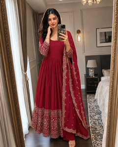 Mirror Work Chinnon Silk Gown Set Featuring <b>Sequin</b> Embroidery Latkan Dori Full Sleeve Design With Coordinated <b>Pant</b> Dupatta - Product Image 5