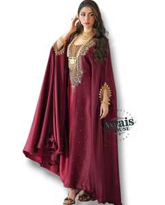 Awais House Women's Maroon Polyester Floor Length <b>Kaftan</b> Beaded Embroidery Sweetheart Neck <b>Long</b> Sleeve Modest Stretchable - Product Image 2