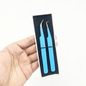 Pince à épiler pour extension de cils en acier inoxydable bleu pour bébé soins personnels Diamond Grip personnalisé Logo incurvé à 90 degrés pointe pointue Volume - Product Image 1