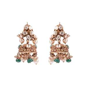 Boucles d'oreilles Jhumki en argent sterling 925 Antique Gajaah, style Royal Jadau Kundan et perles, avec perles vert émeraude, plaquées or, ensemble de boucles d'oreilles - Product Image 2