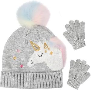 Cute Gray Unicorn <b>Beanie</b> Hat <b>with</b> <b>Pom</b> <b>Pom</b> Gloves Set for Girls Kids Winter Knit Cap - Product Image 1